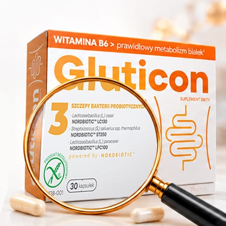 Opakowanie suplementu diety Gluticon powiększone lupą – widoczny skład: szczepy bakterii probiotycznych NORDBIOTIC™